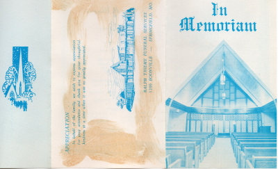 Front Cover: "In Memoriam" with an illustration of Ralph Thieme Chapel; Advertisement for Ralph Thieme Funeral Services; Illustration of a church