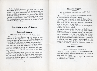 Historical Sketch continued, Departments of Work: Tabernacle Service, Financial Support, The Sunday School