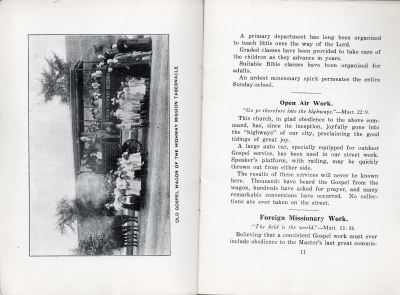 Picture of congregants in the gospel wagon with the caption, "Old Gospel Wagon of the Highway Mission Tabernacle"; Departments of Work: Sunday School continued, Open Air Work, Foreign Missionary Work