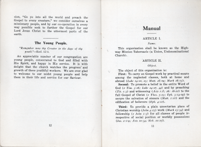 Departments of Work: Foreign Missionary Work continued, The Young People; Manual: Article I- Name, Article II- Object
