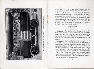 Photograph of the gospel wagon with the caption, "New Gospel Car of the Highway Mission Tabernacle"; Manual: Article III- Outlines of Belief continued, Article IV- Members