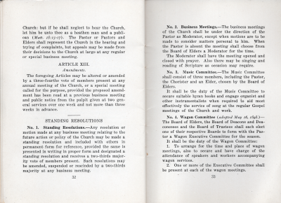 Manual: Article XII- Discipline continued, Article XIII- Amendments; Standing Resolutions: (1) Standing Resolutions, (2) Business Meetings, (3) Music Committee, (4) Wagon Committee