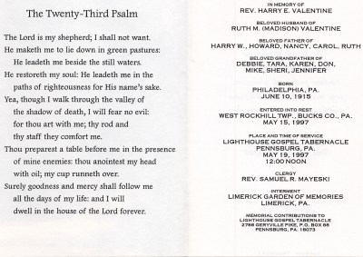 Rev. Harry E. Valentine; Psalm 23