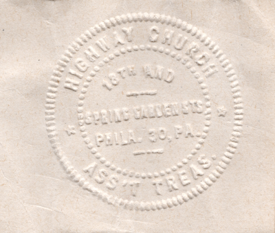 Letter press reading "Highway Church, Ass't Treas., 18th and Spring Garden Sts, Phila. 20, PA."