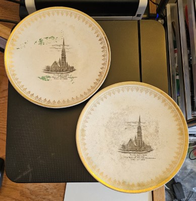 Plates with an illustration of the church building exterior at 18th and Spring Garden Streets with text reading "Class Sixty Four, 1873-1908, Fifth Baptist Church Philadelphia, April 14th 1908"