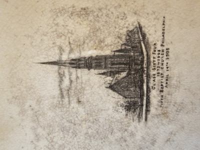 Plates with an illustration of the church building exterior at 18th and Spring Garden Streets with text reading "Class Sixty Four, 1873-1908, Fifth Baptist Church Philadelphia, April 14th 1908"