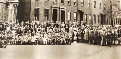 Fourth of four image slices with a group of congregants outside the building at 19th and Green Streets