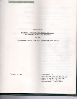 Cover page: "Appraisal of NorthWest Corner of North Eighteenth Street and SpringGarden Street, Philadelphia for the Highway Mission Tabernacle UnDenominational Church"