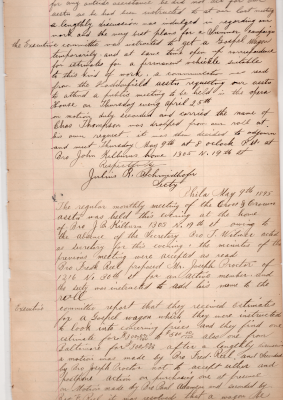 (Continuation of 4/11/1895: Plans for a sermon campaign were discussed, the executive committee was tasked with getting a gospel wagon, and plans to attend a public event at the opera house, invitation from the Haddonfield association). Estimates for a gospel wagon, and the decision to postpone purchasing one
