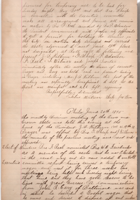 (Continuation of 5/9/1895: Decision to look for a temporary vehicle, getting a permit for holding the services in the city, prayer and worship with music). Election of new members, procurement of a temporary wagon, search for a permanent wagon