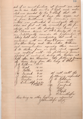 Decision to take inspect the gospel wagon for sale from Baltimore, decision to find out the ownership of the furnishings and property of the Florence Mission at 7th and Barclay. Removal of some members. Financial pledges for the season of open air services