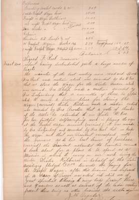 Treasurer's report continued, Decision to store the wagon for the winter. Decision to send a note of thanks to Sister McKee for her work playing the organ at Gospel Wagon services, decision to purchase the wagon, search for a place to continue work during the winter, donations towards the purchase of the wagon, prayer