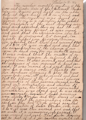 Prayer, growth of finance and pulpit committees, total intake of the finance committee, intake of the Sunday School, name change consideration delayed, wagon committee in charge of storage, decision to pay the expenses of the organist, decision to ensure that Sunday School officers must always be members of the organization, election of Sunday School officers, assistant superintendent elections, Sunday School secretary election delayed