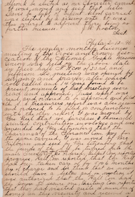 (1/9/1896 minutes continued: chorister election, superintendent of the infant school election). Worship and prayer, treasurer's report, contribution envelopes, Sunday School funds given to the main treasury, Hall committee assured funding for 5-6 months, hall committee given the power to purchase a sexton