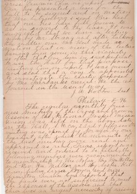 (3/11/1896 continued: signing of a lease for the hall, decision not to let Mr. Strang use the hall for a lecture, charter committee established). Prayer, treasurer's report, membership approvals, finance committee calls for urgent fund raising, as funds are insufficient to cover expenses