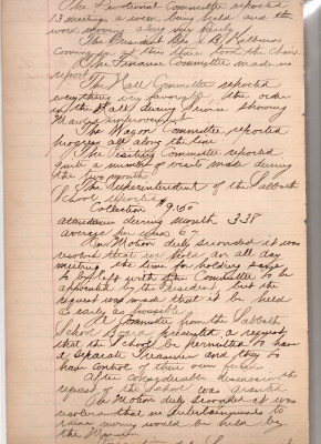 Devotional committee meetings, committee updates, Sunday School collections, all-day meeting scheduled, Sunday School granted a separate treasurer and control over their funds, fundraising held by the mission