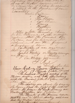 (10/14/1896 continued: Formation of the Committee of Ladies, chair purchase deferred to President and Bro. Litzenberg, meeting times decided); Hymns and prayer