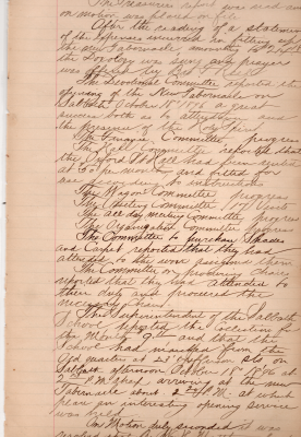 Treasurer's report, expenses for the new building discussed and followed with prayer, Devotional committee discussed the opening of the new building the day prior, and the success of the first service, renting of the former hall, committee reports, Sunday School collections and meeting in the new building