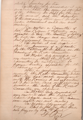 Reservation of rooms for the mission, hall lighting, hall committee put in charge of heating approaches, hiring of a janitress and pay discussed, Sabbath School meeting room, hymns and prayer