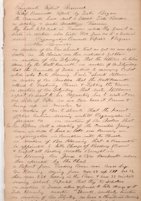 Relief committee report, president's report "reserved." New business: decision to purchase more hymn books, Hall committee to fasten chairs and light the room. Calling a meeting of converted young men to form a committee in line with the church. New reading room committee. Reading room reports. Christmas morning and New Years Eve services