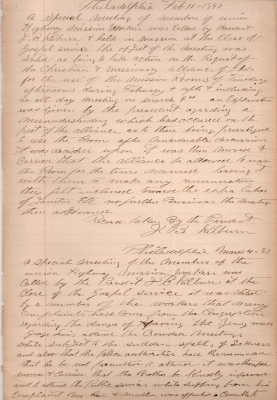 Special meeting: Decision to allow the Christian and Missionary Alliance of Philadelphia use building rooms on Tuesdays for their activity; 3/4/1897, Special Meeting: Decision to not allow a member of the congregation to attend while dealing with an ailment after complaints from other congregants, and under the recommendations of the police