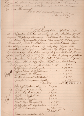 Brother Reel's leave of Absence.; 04-14-1897: Hymns, prayer, treasurer's report