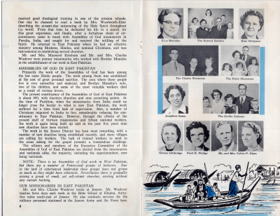 Pentecostals and The Assemblies of God in Pakistan with the names and portraits of East Pakistan missionaries. Includes the WMC missionaries, Mr. and Mrs. Calvin P. Olson