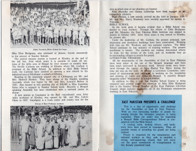 Information about missionaries, a Bible school, a literature program, and the continued challeges for the AG in East Pakistan. Picture of a daily Vacation Bible School for boys, photo of East Pakistan workers