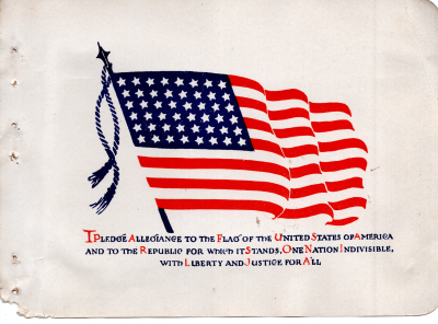 Picture of the American Flag with the Pledge of Allegiance. Pledge does not yet contain the phrase, "Under God"