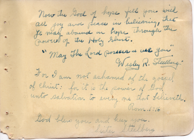 Scripture written by Rev. Steelberg and scripture written by Sis. Steelberg