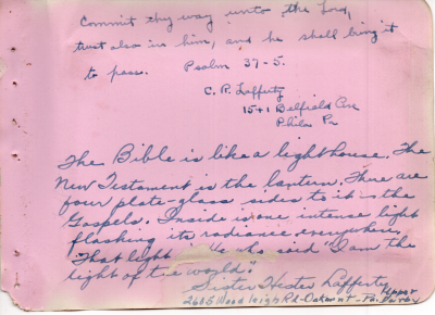 Scripture written by C. R. Lafferty and scripture written by Sister Hester Lafferty