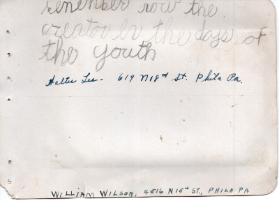 Scripture written by Walter lee with a blank space for a scripture to be written by William Wilson