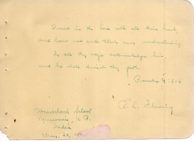 Scripture written by R. L. Fleming from the Woodstock School in Mussoorie, India