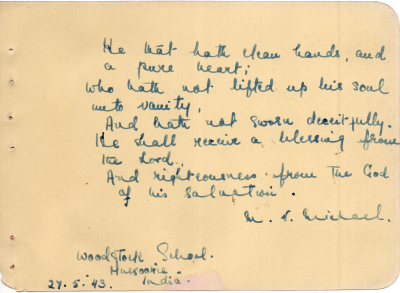 Scripture written by M. V. Michael from the Woodstock School in Mussoorie, India